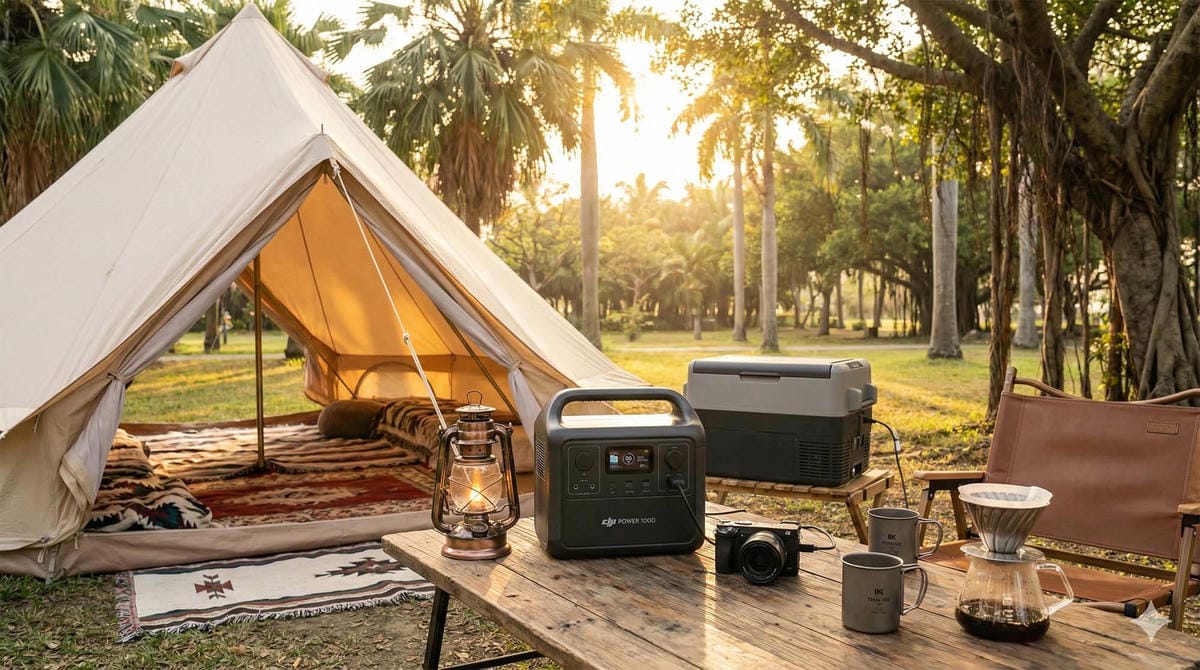 台南公園草地上的露營情境,DJI Power 1000 放置於裝備堆中,陽光灑落 (Camping scene on a lawn in a Tainan park, with a DJI Power 1000 placed among a pile of gear, sunlit).